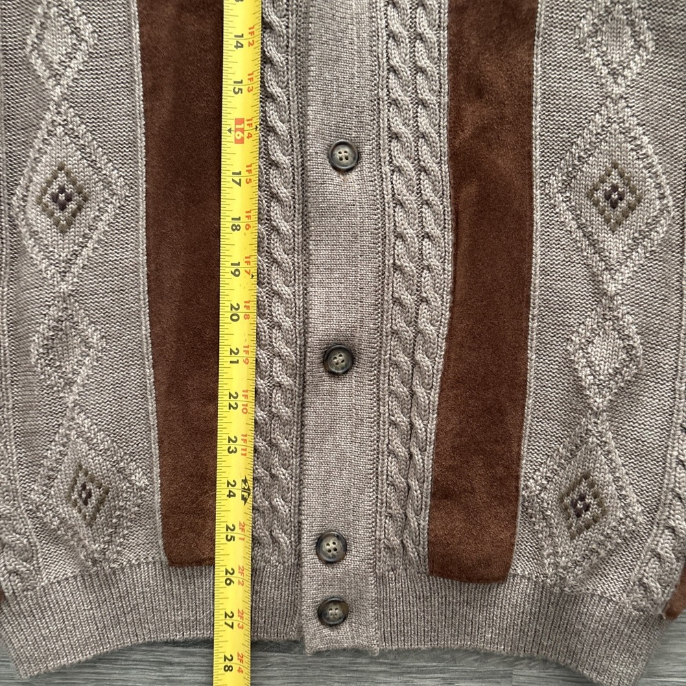 VTG Norm Thompson Mens L Cosby Leather Wool Cable Knit Cardigan Sweater Italy - Picture 11 of 16